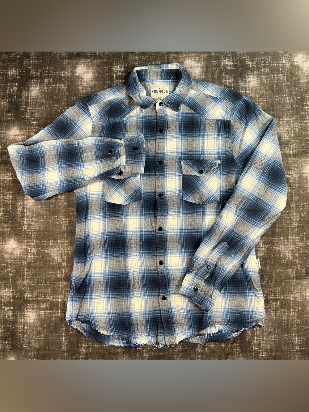 YoungLA Flannel Mens Large Blue Plaid Snap Button Rugged End Long Sleeve Shirt